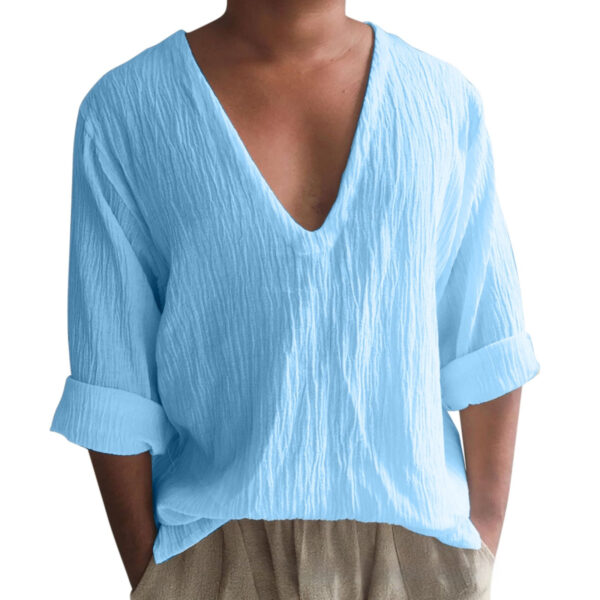 Men's Long Sleeve Solid Color And V-neck Washed Cotton T-shirt - Image 7