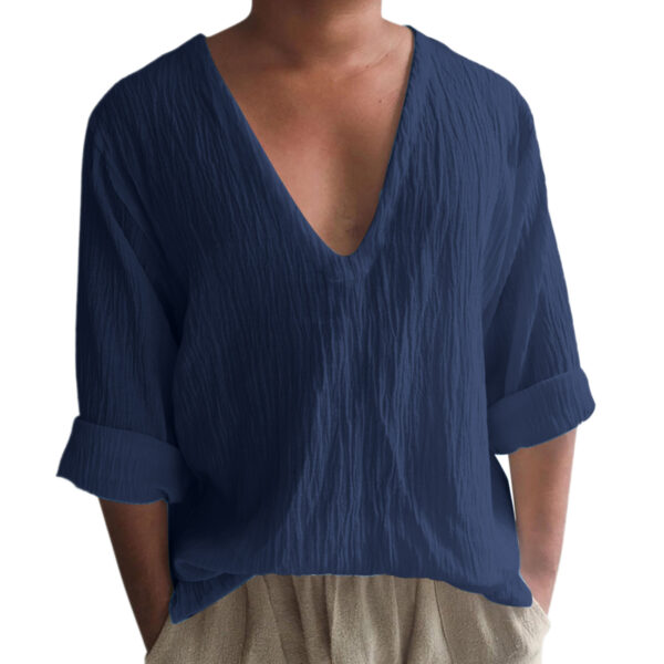 Men's Long Sleeve Solid Color And V-neck Washed Cotton T-shirt - Image 6