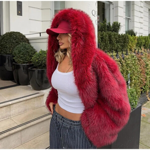Women's Green Fur Faux Fox Fur Hooded Coat - Image 3