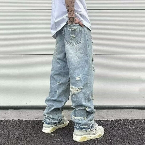 Water Washed Hole Retro Street Wide Leg Jeans - Image 6