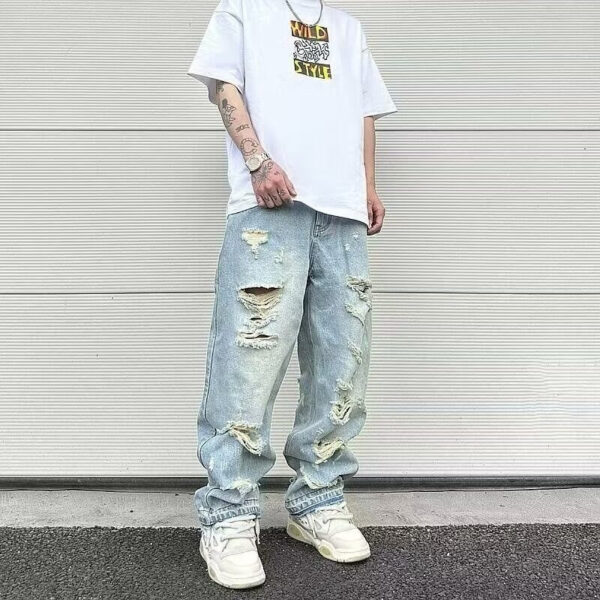 Water Washed Hole Retro Street Wide Leg Jeans - Image 4