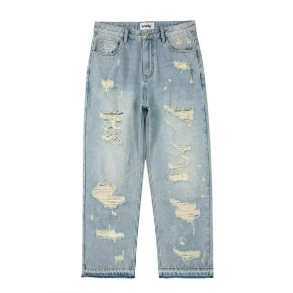 Water Washed Hole Retro Street Wide Leg Jeans - Image 5