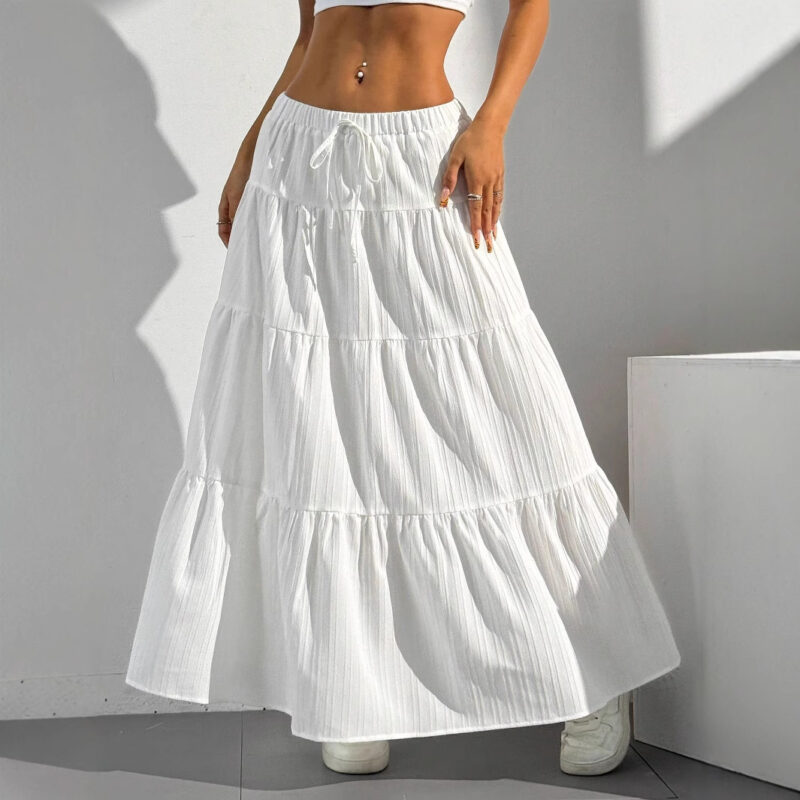 White Skirt Lace-up Large Swing Skirt Loose Long Dress