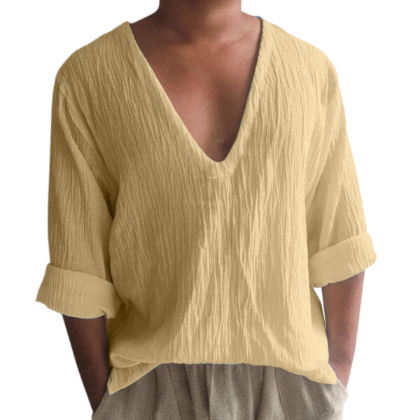 Men's Long Sleeve Solid Color And V-neck Washed Cotton T-shirt - Image 5