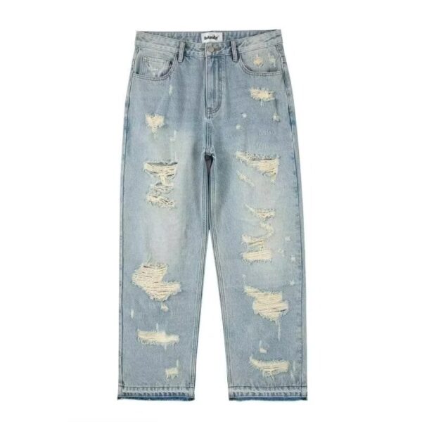 Water Washed Hole Retro Street Wide Leg Jeans - Image 3