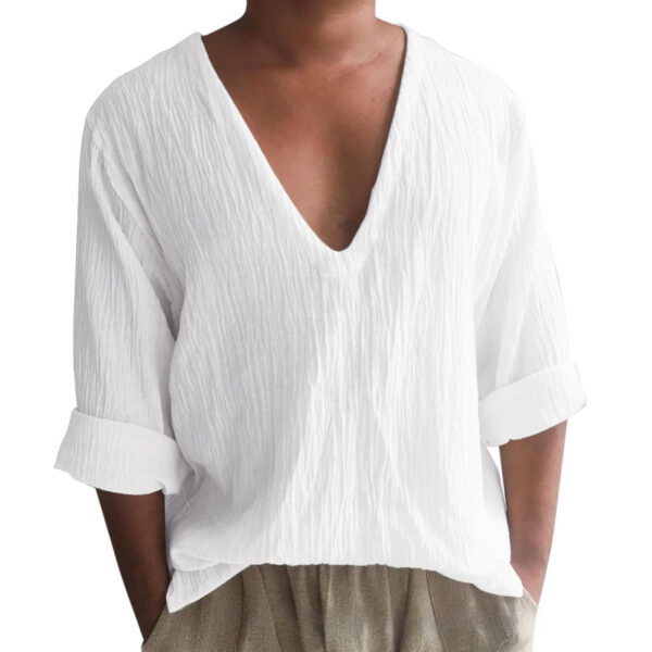 Men's Long Sleeve Solid Color And V-neck Washed Cotton T-shirt - Image 4