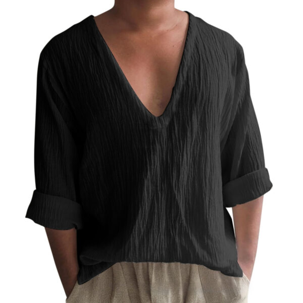 Men's Long Sleeve Solid Color And V-neck Washed Cotton T-shirt - Image 2